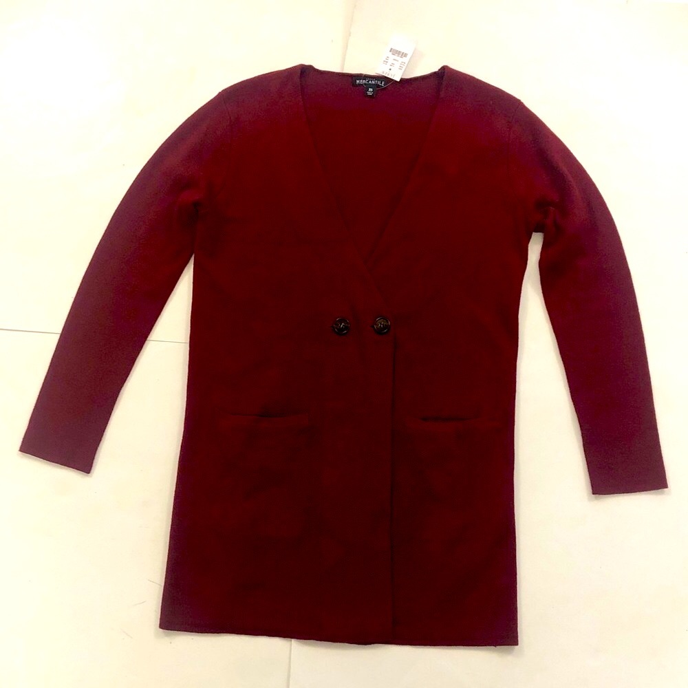 J Crew XS Burgundy Sweater Long Cardigan 2 Button 2 Pocket long sleeve Excellent